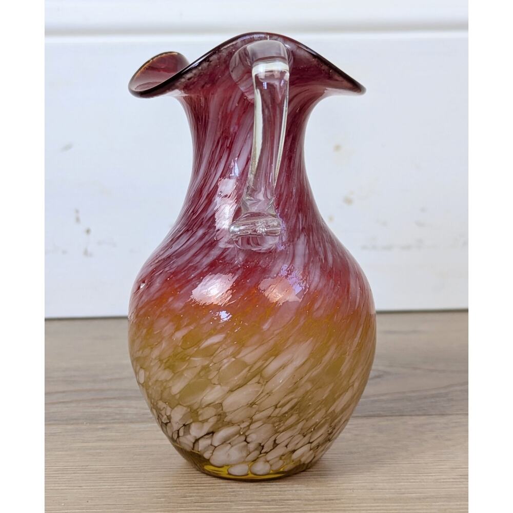 Murano Style Art Glass Pitcher Creamer 5" Cranberry Amber Spatter Hand Blown - Picture 6 of 10